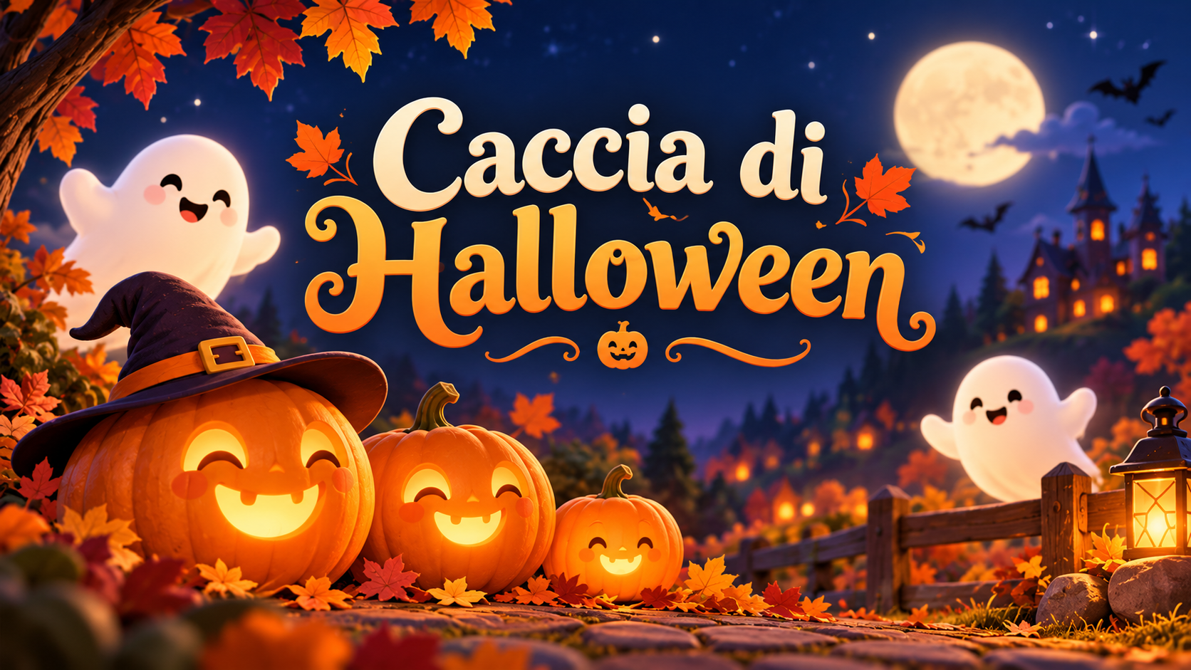 Copertina Caccia di Halloween con zucche sorridenti, fantasmini e una luna piena
